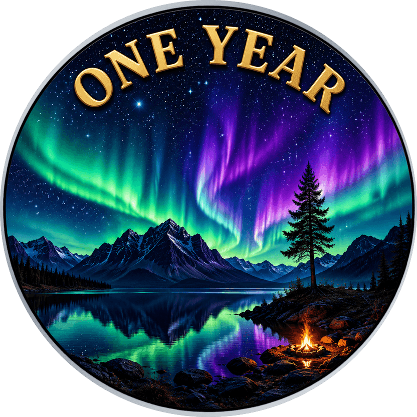 Silver sobriety coin with green and violet northern lights over a still mountain lake and a small campfire, reading ONE YEAR