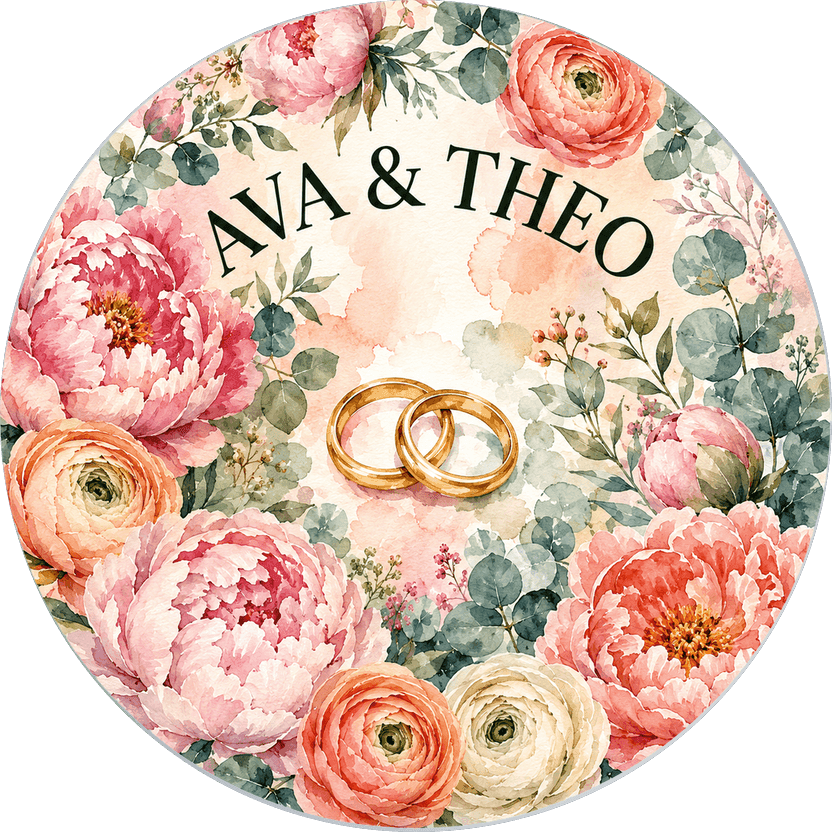 Silver wedding coin in loose watercolour — blush peonies and sage eucalyptus around two gold rings — reading AVA & THEO