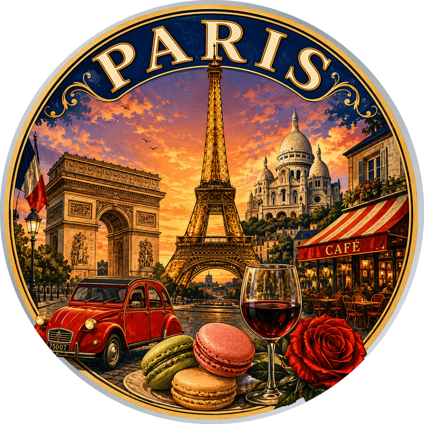 Silver travel coin collaging the Eiffel Tower, Arc de Triomphe, a café and a red vintage car in vintage poster colours, reading PARIS