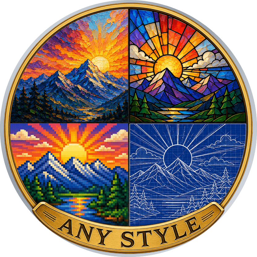 Silver showcase coin split into four wedges — oil paint, stained glass, pixel art and blueprint — each drawing the same sunrise, reading ANY STYLE