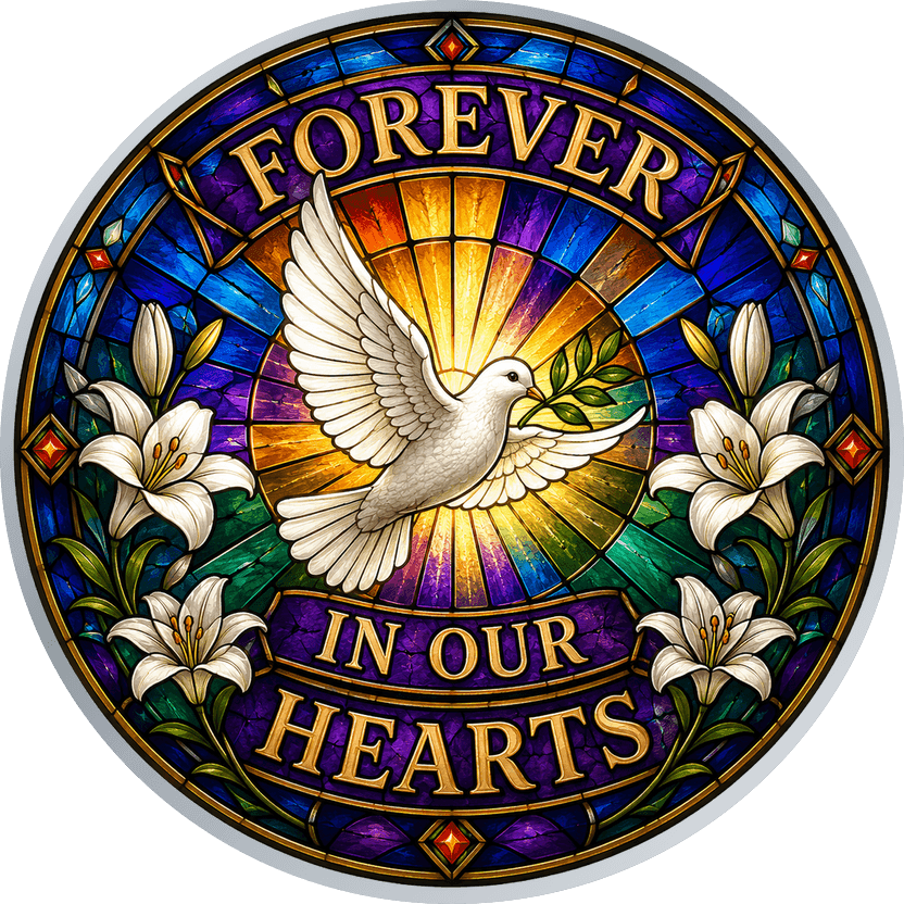 Silver memorial coin as a stained glass window — a white dove with an olive branch glowing at the centre of jewel-coloured panes — reading FOREVER IN OUR HEARTS