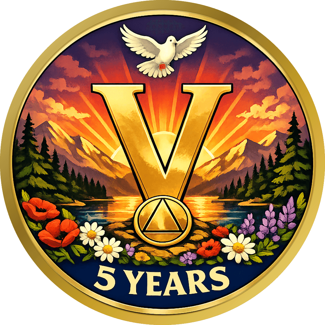 Gold sobriety coin: a painted sunrise over a mountain lake with a golden V, a white dove and wildflowers, reading 5 YEARS
