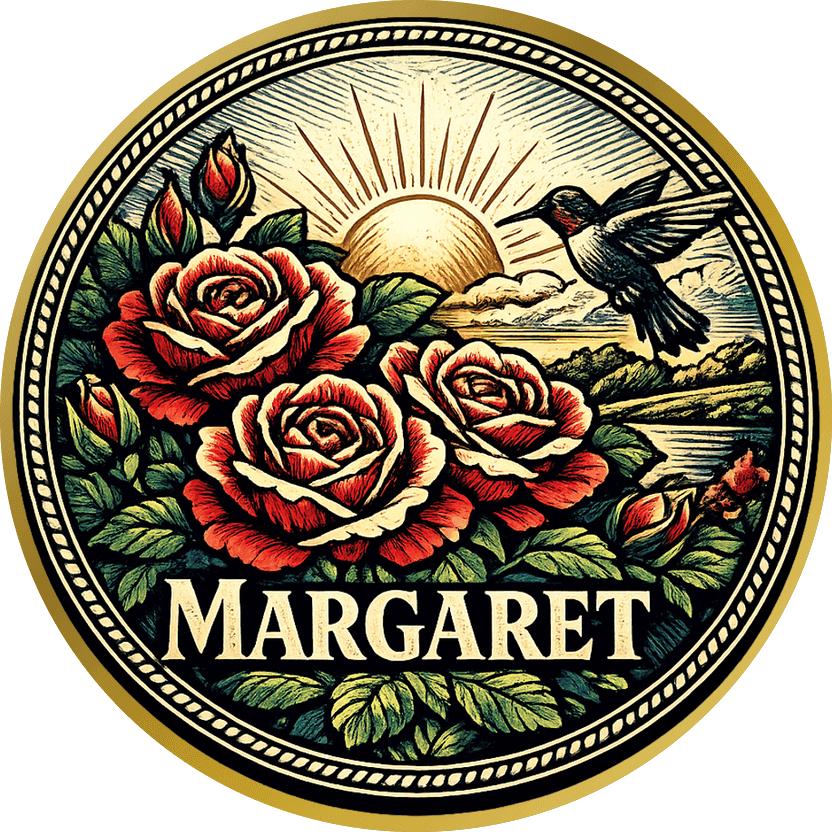 Gold memorial coin with a painted burgundy rose garden and a hummingbird, reading MARGARET