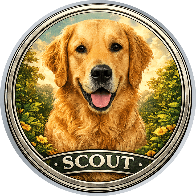 Silver memorial coin carrying the actual photograph of a golden retriever named Scout, set into a painted summer garden, reading SCOUT