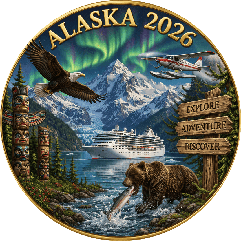 Gold travel coin painted edge to edge with an Alaska panorama — aurora over snowy peaks, an eagle, a bear catching a salmon, a floatplane and a cruise ship — reading ALASKA 2026 in golden letters
