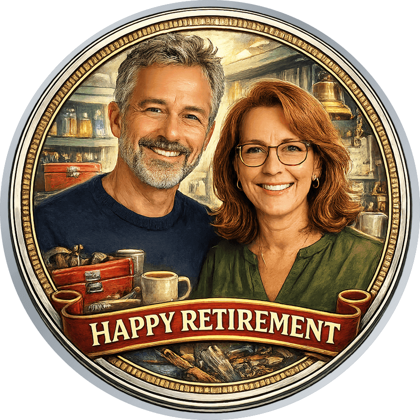 Silver retirement coin with painterly caricature portraits of a smiling couple in their hardware store, a red toolbox and shop bell behind them, banner reading HAPPY RETIREMENT