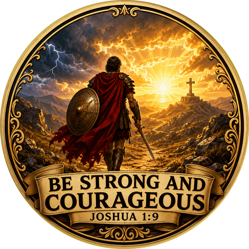 Gold scripture coin with a painted warrior walking into a golden sunrise beneath the typeset verse BE STRONG AND COURAGEOUS, JOSHUA 1:9