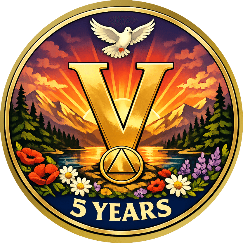 Gold sobriety coin: a painted sunrise over a mountain lake with a golden V, a white dove and wildflowers, reading 5 YEARS