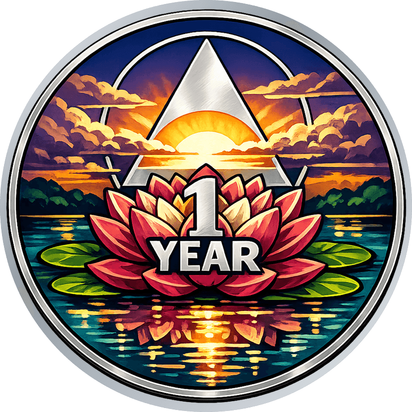 Silver sobriety coin: a painted magenta lotus on teal water under an orange sunrise with a triangle emblem, reading 1 YEAR