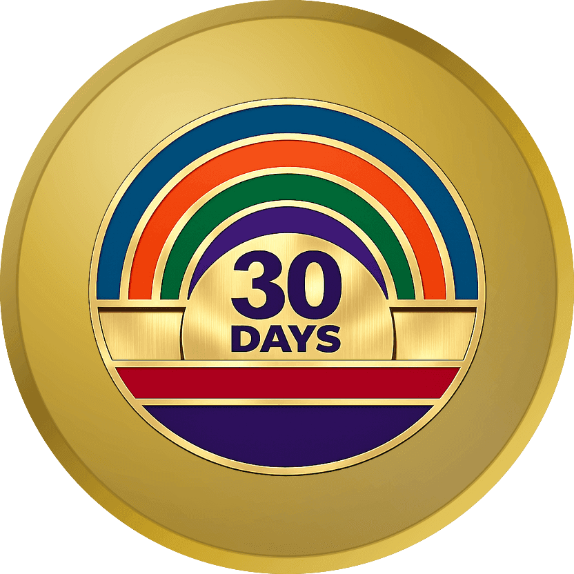 Gold sobriety coin with a geometric sunrise in teal, orange and magenta arcs, reading 30 DAYS, the sun disc and field left as bare polished gold