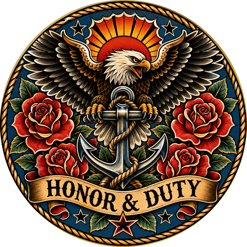 Gold traditional tattoo coin — a bald eagle clutching an anchor among red roses with a banner reading HONOR & DUTY