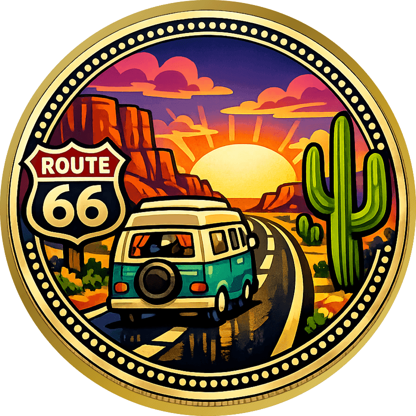 Gold travel coin with an illustrated teal camper van on a desert highway at sunset with cactus and red buttes, reading ROUTE 66