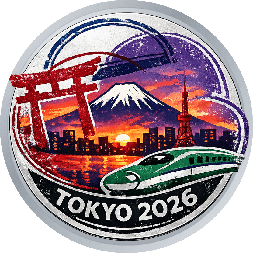 Silver travel coin with overlapping passport stamps in red, indigo and violet over a painted Tokyo dusk skyline with Mount Fuji, reading TOKYO 2026