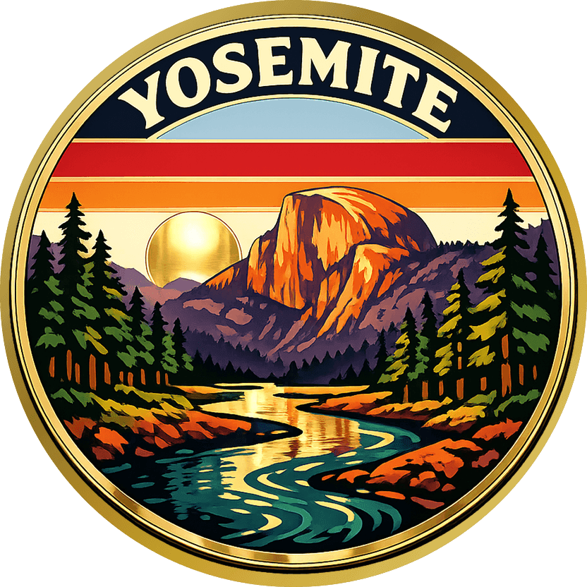 Gold travel coin with a painted Half Dome at sunset above a teal river and green pines, reading YOSEMITE