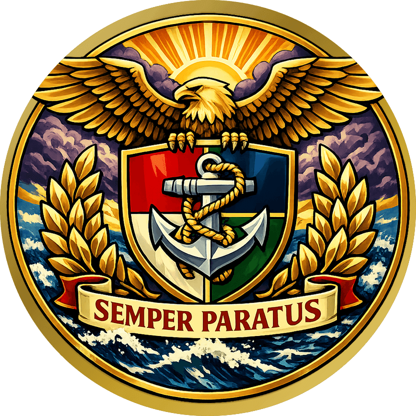 Gold challenge coin with a painted gold eagle over a four-field shield and anchor above a stormy sea, banner reading SEMPER PARATUS