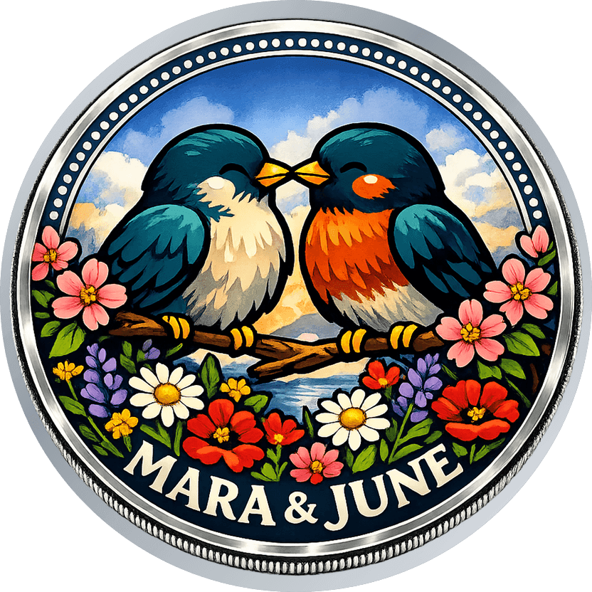 Silver wedding coin with two illustrated teal songbirds on a flowering branch over painted wildflowers, reading MARA & JUNE