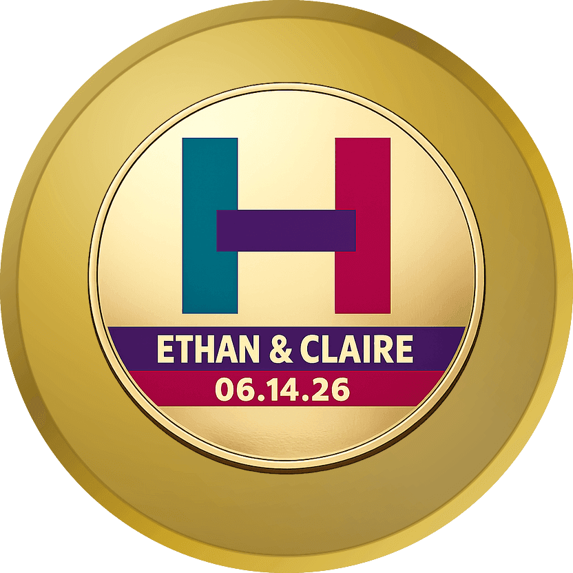 Gold wedding coin back with a teal and magenta H monogram above ETHAN & CLAIRE and the date 06.14.26, ringed by bare polished gold