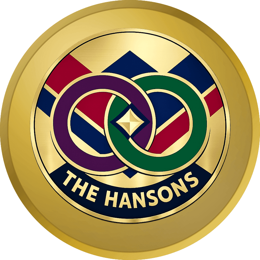Gold groomsmen coin with two interlocking geometric rings in plum and green over a navy and oxblood diamond band, reading THE HANSONS, bare polished gold around the emblem